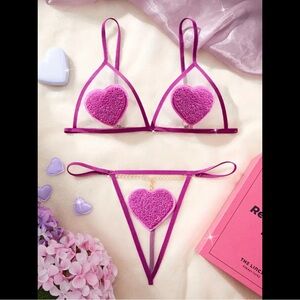 Magenta, Embroidered Heart, Lingerie Set